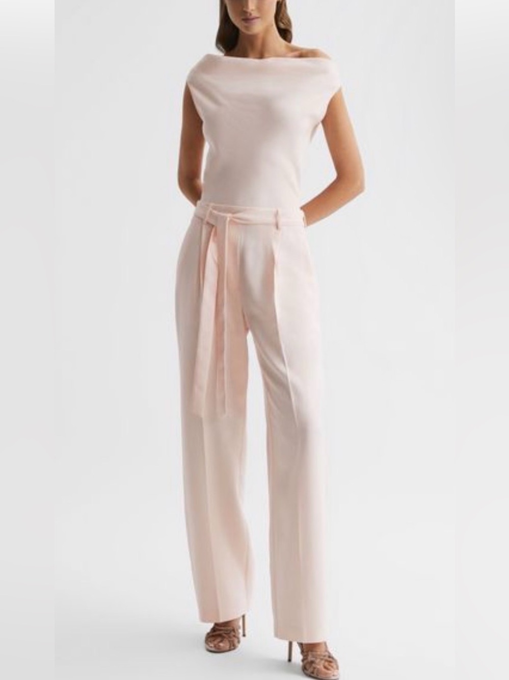 Reiss Maple Nude Off Shoulder Belted Wide Leg Jumpsuit NWT US 2